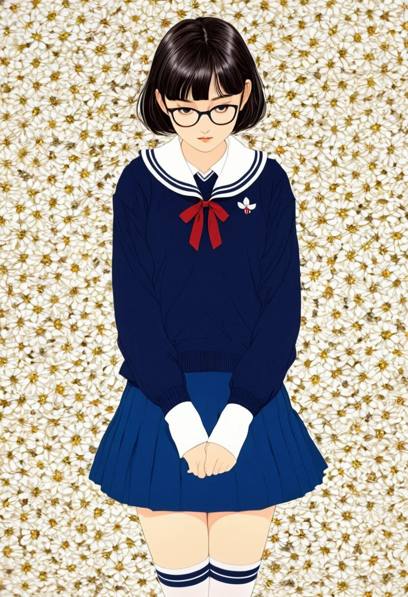 Line art、Vector art,White Flower Art,(Floral:1.3), (Masterpiece, Highest quality),Delicate colors, Super delicate pattern colorful, Highest quality, Cute beautiful girl, 15 years old,(School Sailor Uniform、Navy sweater Navy skirt)、,White socks、Brown loafers、No smiles、Black Hair、Short bangs、Short braid、Brow wrinkles、Black glasses、Big Breasts、Pop Art、（Plump;1.2）From above、Takato Yamamotoスタイル、Art Style：Takato Yamamoto