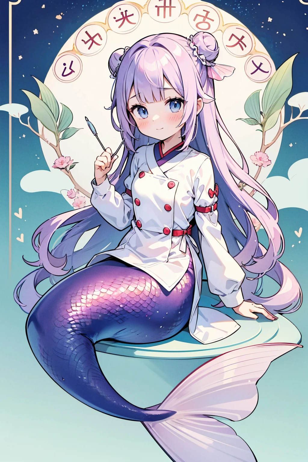 masterpiece, best quality,A woman,Mermaid,紫色Mermaid尾巴,Unilateral bun,full-body shot,Nurse,Nurse服,Sitting,charming脸(Kawaii, charming,Soft)