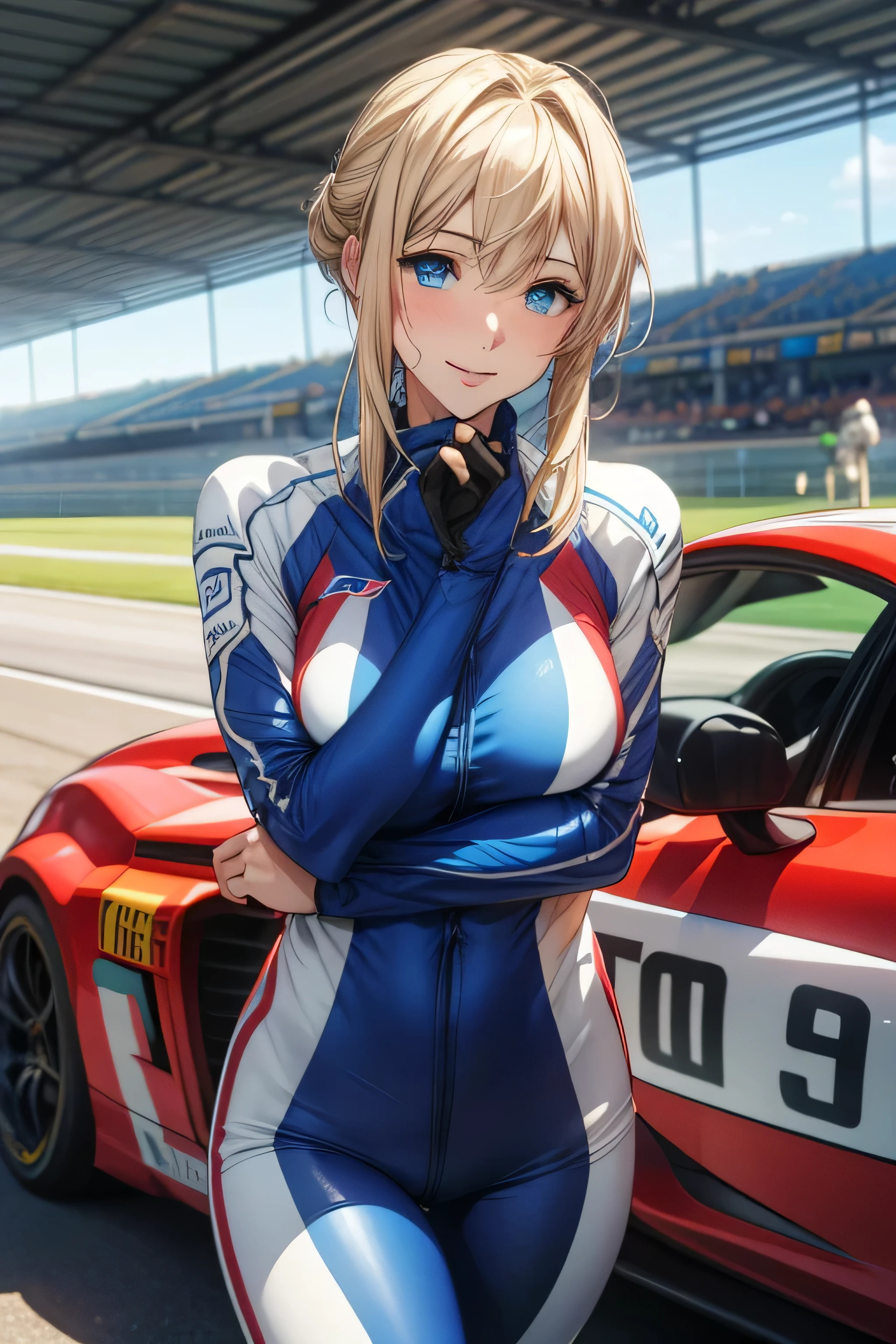 masterpiece, best quality, detailed,Super high quality0,perfect anatomy,beautiful light and shadow, ,Beautiful white skin ,blond hair,blue eyes,disheveled hair,slim,adult,woman in her late 30s ,1woman,Violet Evergarden, Various poses,various expressions,various hairstyles,from various directions, smile,happiness, Racing suit for auto racing, helmet, hold a helmet under one's arm, outdoor,circuit,stand in front of a racing car,