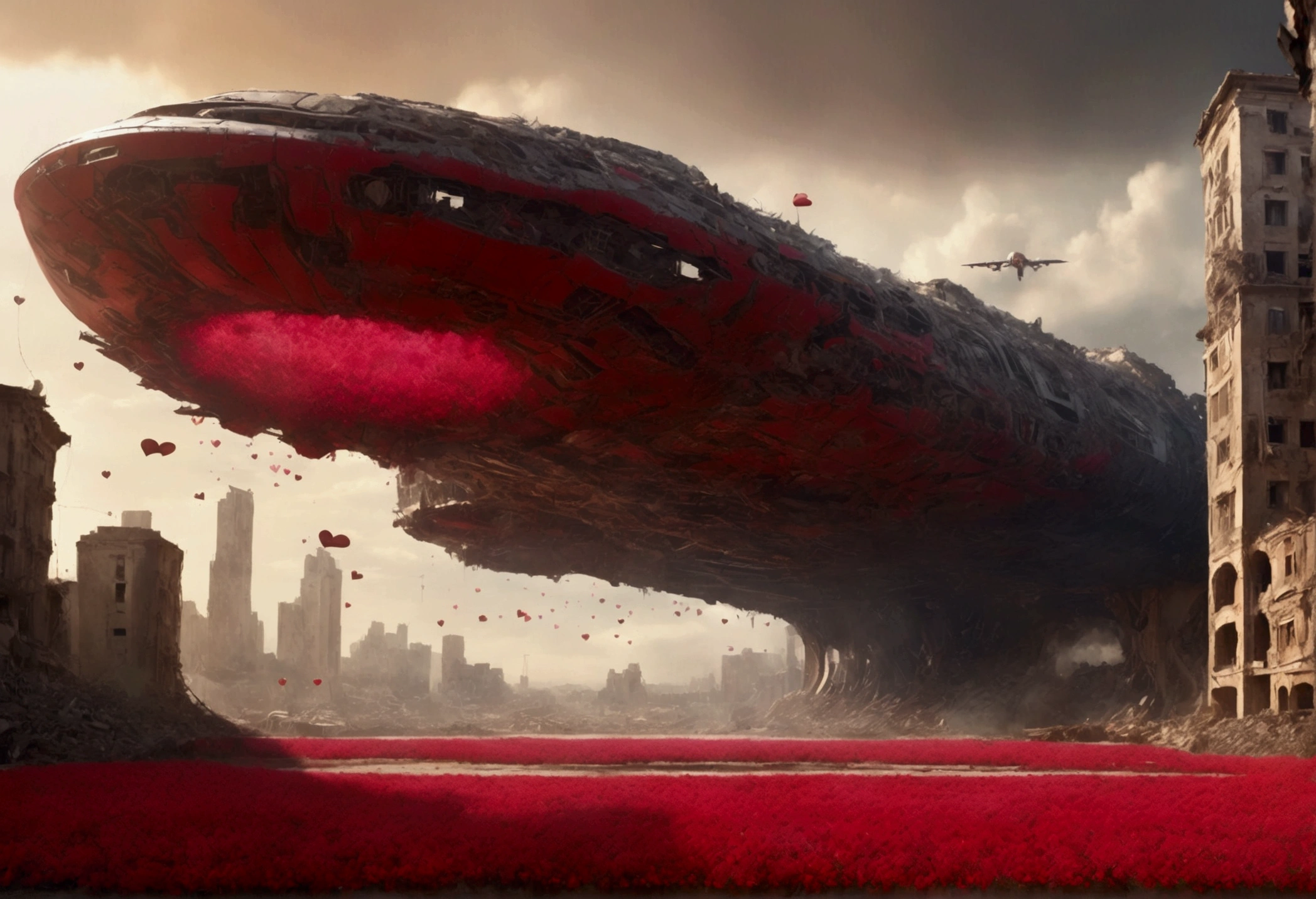 An incredible movie scene with a large spaceship flies in third person in the scene flies over a large valley with a field of abstract flowers in the shape of red hearts on thin stems Scscesce in the vegatation among the rubble of a destroyed city, its flight between the remains of buildings Fallen bridges Destroyed streets reflect the shadow of the large ship projected on the ruins