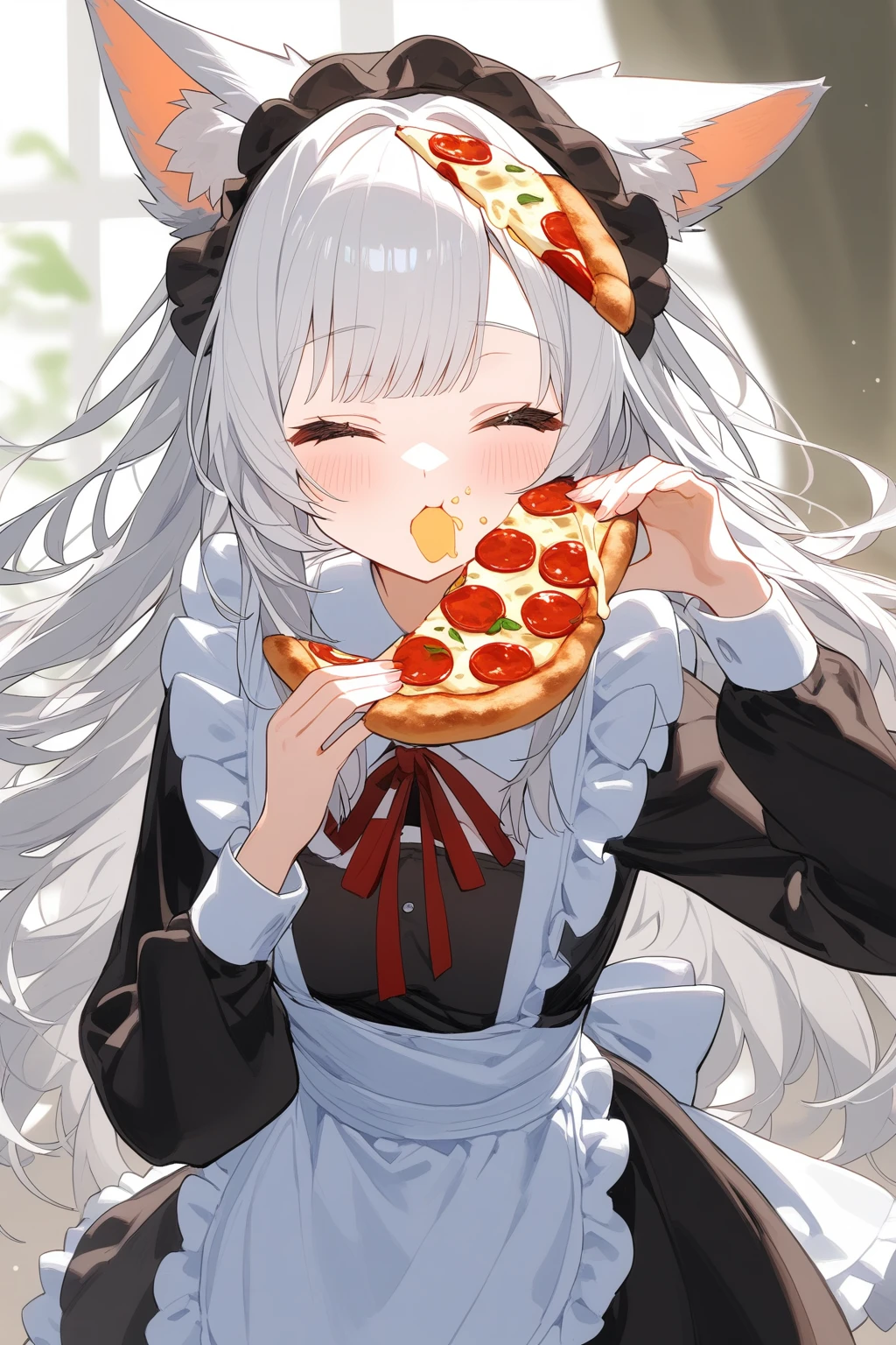 A girl alone，Holding a slice of pizza，Close your eyes and enjoy your food。She has long hair and long sleeves.，There are bangs on the forehead，Eating pizza facing the audience，Red cheeks。Girl wearing maid costume，Fox ears and hood under white hair，Background is white。