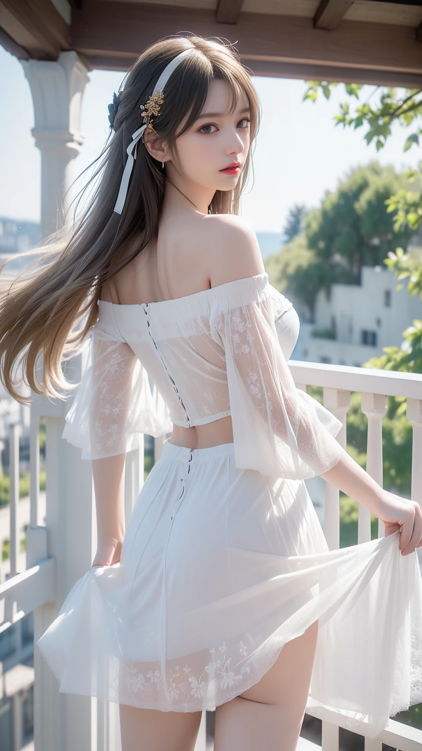 ((Woman Standing On Balcony Of Old Castle))、((Rear View)),((look back))、Highest quality works、actual work、Ultra Premium Graphics、8K HD CG Works、High quality graphics、High-definition CG works、10x pixels、Ultra-fine detail:1. 1、High technical level:1.1 PhotoGenuine、Natural light:1. 5、Light effects(Virtual Light effects:1.8)、((Straight Van、Princess Van))、((Very heavy、Volume Bang:1.1)、((very long、Very heavy、Very voluminous side locks:1. 1)、Hime cut、Straight bangs、Bangs straight、(masterpiece、Highest quality:1.5)、(ultra detailed 8k cg:1.4)、(surreal:1.25)、(Genuine:1.1. 4)、((Golden white hair))、Thin eyebrows、High nose、Nice red lips、Rosy Cheeks、Delicate makeup face、Cute Face、Perfectly balanced face、()、Light-colored foundations enhance the clarity of your skin..。 ((An off-the-shoulder semi-transparent white floral dressy skirt fluttering in the wind))、 ((You can see her white panties)), 40k、photograph、、Highest quality、(1. Beautiful Eyes、Light Hair、White skin、Mr.. Escape.々tracing、((Mid-chest、:1.1))、Highest quality、Tabletop、Ultra-high resolution、(Genuine:1.4)、RAWphotograph、(Perfect figure)、(slim、:1.3)。 3)、Slim abdomen、that&#39;s all