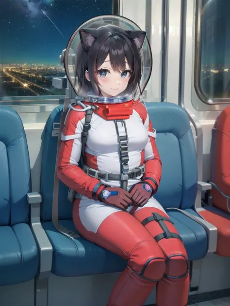 space helmet, (cinematic scene, sitting on a chair, train interior, , city view, night view: 1.5), space helmet, eva helmet, spa...