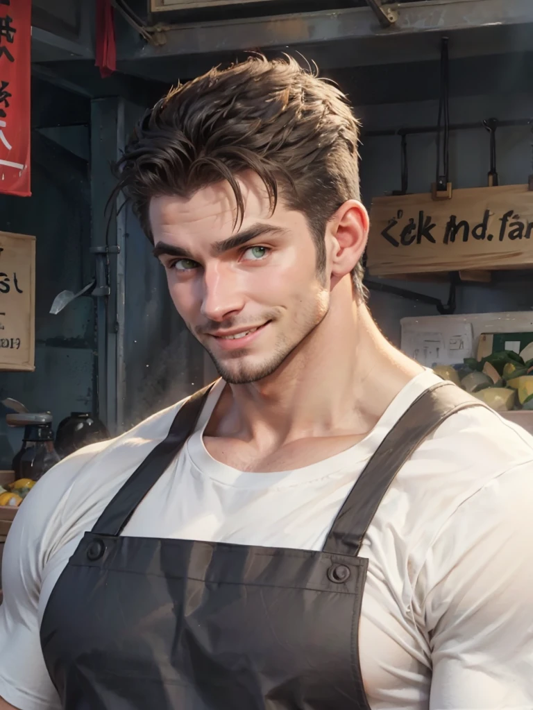 men wear dark gray shining apron over white T-shirt, muscular and handsome,naughty,fang,green eyes,facial hair,fish market,smile