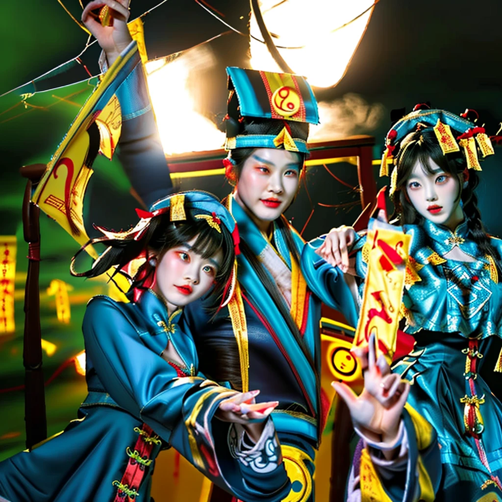 Three people in costumes standing in a room, official art works, Inspired by Emperor Xuande, Three Kingdoms of China, inspired by Cao Zhibai, g liulian art style, from three kingdoms, bian lian, Onmyoji, heise jinyao, Game Cover, Inspired by Wu Li, Inspired by Wu Bin, Taoist priest，Head up，上看中间一个Taoist priest，The two on the side are zombies