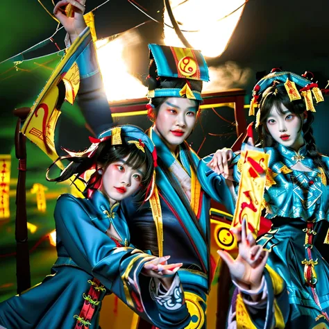 Three people in costumes standing in a room, official art works, Inspired by Emperor Xuande, Three Kingdoms of China, inspired b...