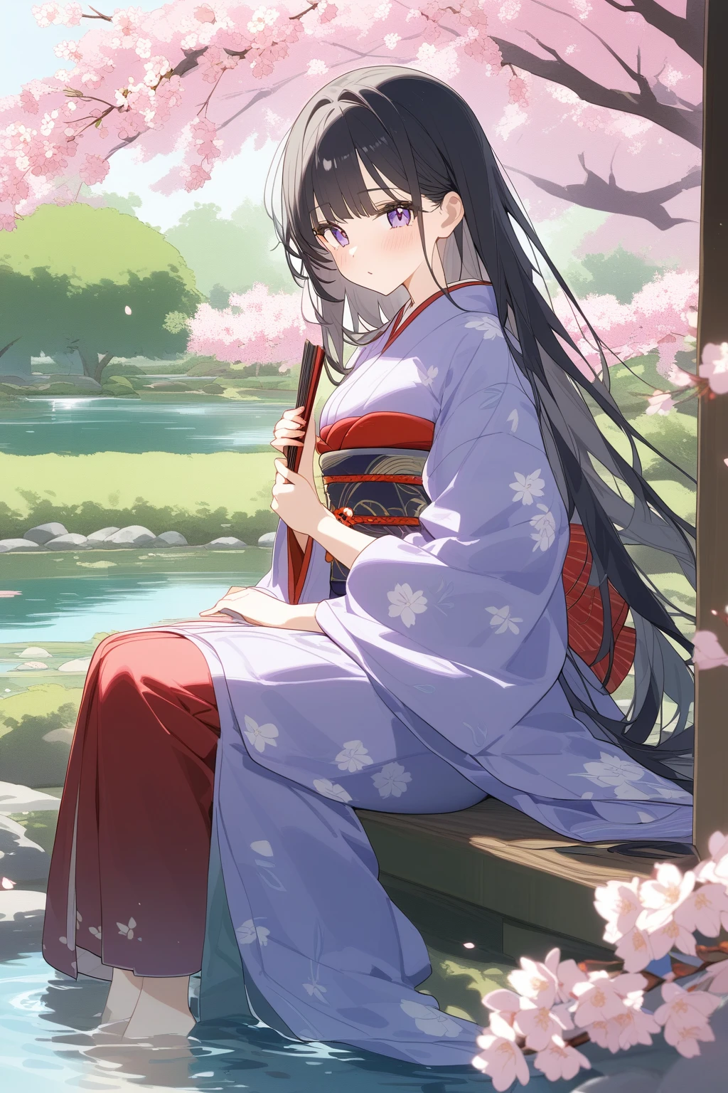 A Japanese woman wearing traditional kimono，Sit by a pond in a tranquil Japanese garden，In the background are cherry trees and weeping willows under the eaves。She holds a folding fan，A gentle breeze brushed her long hair，With a face of tranquility and elegance。