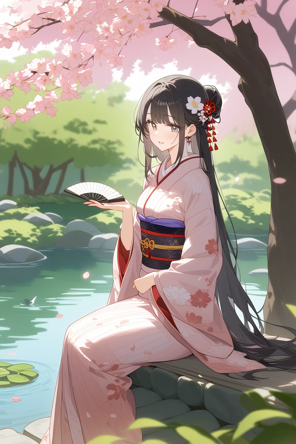 A Japanese woman wearing traditional kimono，Sit by a pond in a tranquil Japanese garden，In the background are cherry trees and weeping willows under the eaves。She holds a folding fan，A gentle breeze brushed her long hair，With a face of tranquility and elegance。