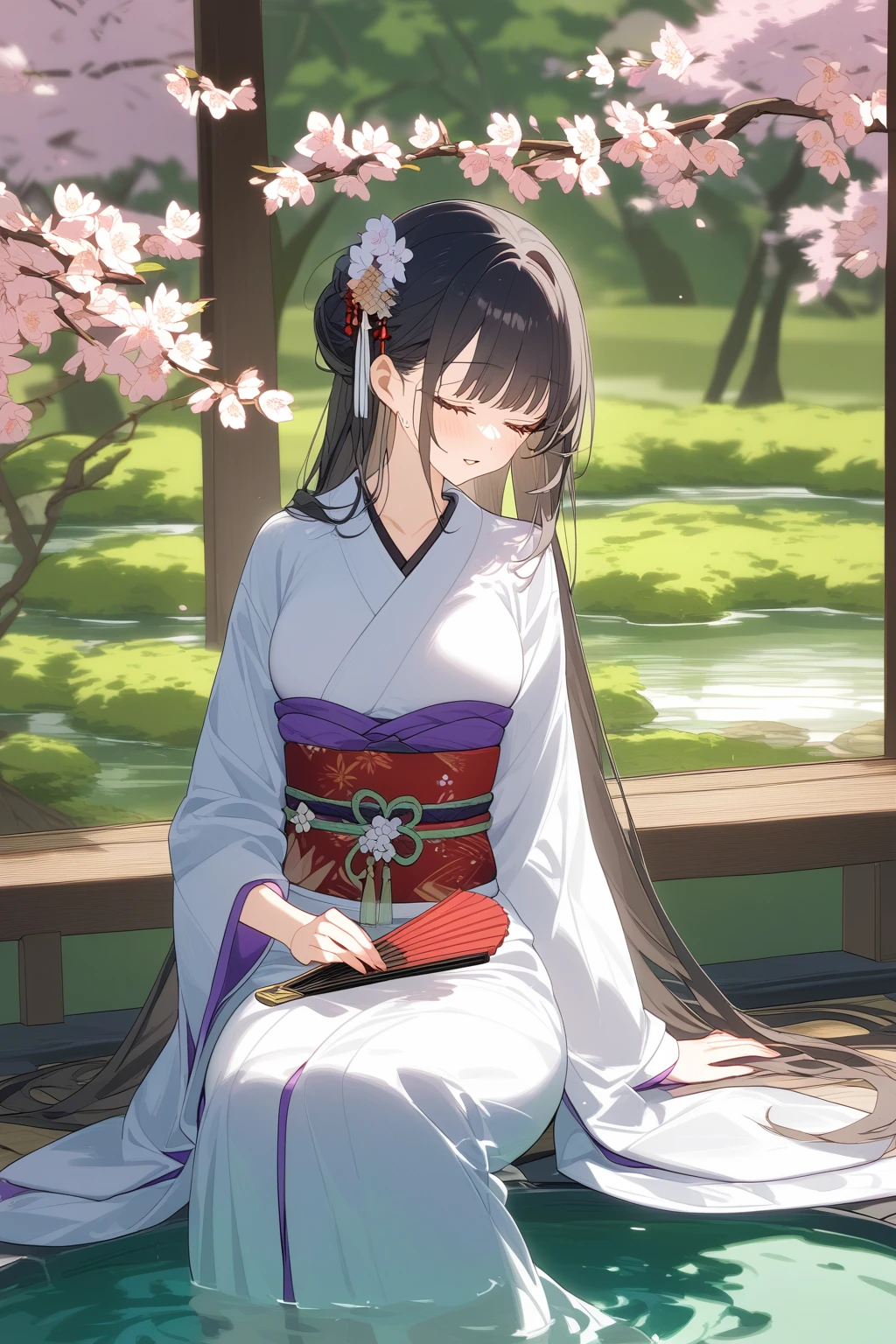 A Japanese woman wearing traditional kimono，Sit by a pond in a tranquil Japanese garden，In the background are cherry trees and weeping willows under the eaves。She holds a folding fan，A gentle breeze brushed her long hair，With a face of tranquility and elegance。