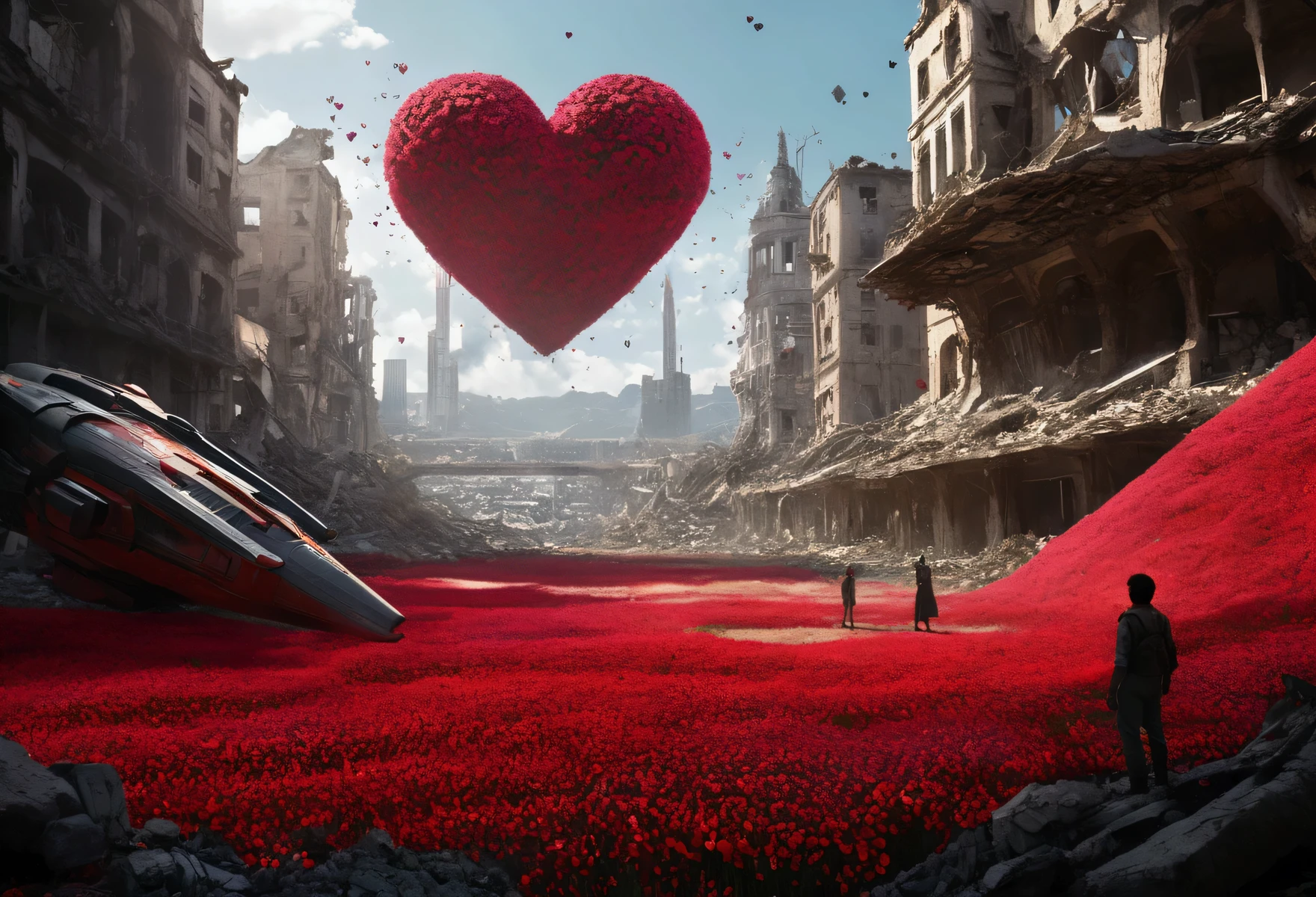 An incredible movie scene with a large spaceship flies in third person in the scene flies over a large valley with a field of abstract flowers in the shape of red hearts on thin stems Scscesce in the vegatation among the rubble of a destroyed city, its flight between the remains of buildings Fallen bridges Destroyed streets reflect the shadow of the large ship projected on the ruins