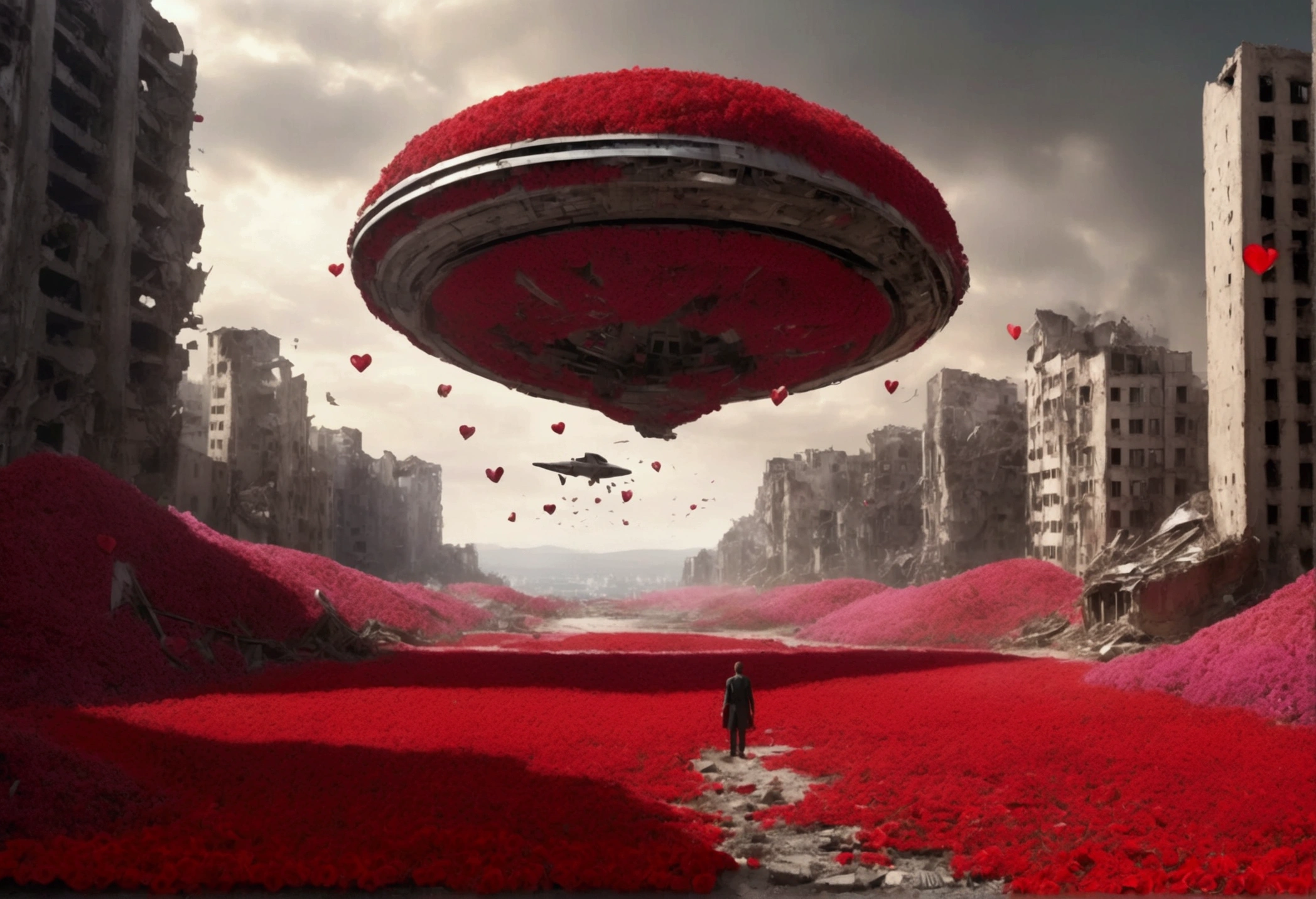 An incredible movie scene with a large spaceship in third person in the scene flies over a large valley with a field of abstract flowers in the shape of red hearts on thin stems Scscesce in the vegatation among the rubble of a destroyed city, its flight between the remains of buildings Fallen bridges Destroyed streets reflect the shadow of the large ship projected on the ruins