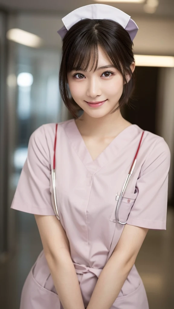 (Highest quality: 1.5), (Realistic: 1.5), (1 person: 1.5), Very detailed, High resolution, 8k,Natural color lips, Cute Smile, Japanese women, 20-year-old girl, Beautiful and elegant features, Perfect and beautiful face, Balanced big eyes, Beautiful and elegant features, Natural double eyelids, Natural Bangs, Beautiful thin nose, Beautiful Skin, Medium Bob Hair , Natural Bangs , Perfect and beautiful face, Slim face and figure, (Looking at the camera with a sweet smile), Bright lighting, Professional Lighting, Forward lighting, Beautiful feet: 1.2, Smooth Skin, Slender body, Slim waistline, slim thin thighs, Detailed clothing,  (real short nurse uniform:1.2), (nurse:1.4), Ultra HD, Realistic, hospital, Light Pink, nurse, white cosplay, nurse cosplay,  nurse outfit, standing, hospital, red cross, (8k, RAW photo, best quality, masterpiece:1.2), (extremely detailed 8k wallpaper), 1 girl, (solo:1.2),Photo of 20 years old Japanese actress.
