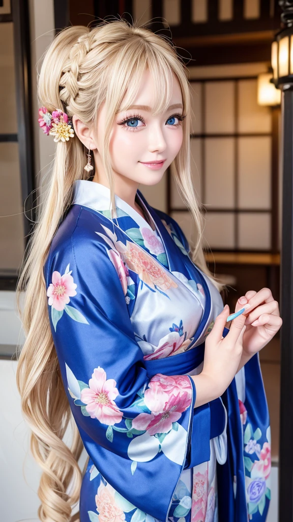 Blonde kimono beauty、Gorgeous floral patterned kimono、My cute girlfriend is a kimono model..、blue eyes、Beautiful smile、He is short、Braiding、hair ornaments、Colorful and showy kimono