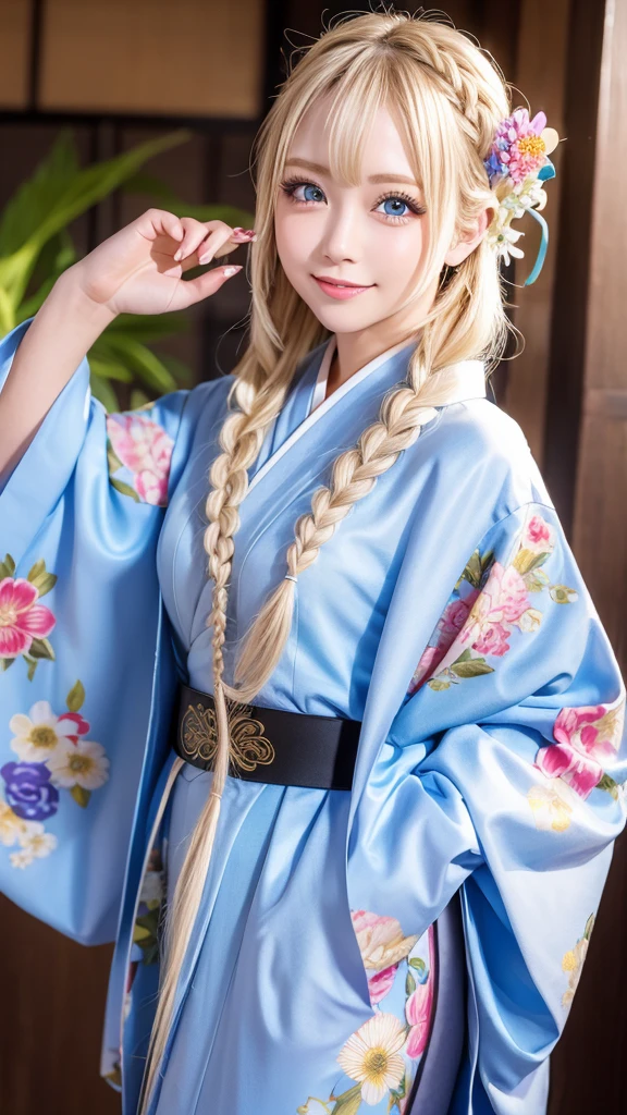 Blonde kimono beauty、Gorgeous floral patterned kimono、My cute girlfriend is a kimono model..、blue eyes、Beautiful smile、He is short、Braiding、hair ornaments、Colorful and showy kimono