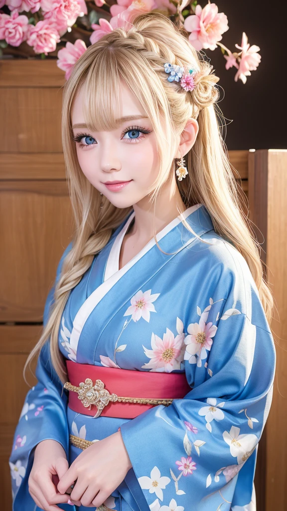 Blonde kimono beauty、Gorgeous floral patterned kimono、My cute girlfriend is a kimono model..、blue eyes、Beautiful smile、He is short、Braiding、hair ornaments、Colorful and showy kimono