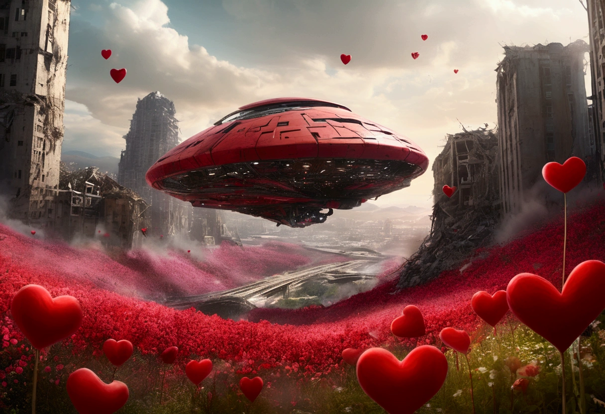 An incredible movie scene with a sci-fi style large spaceship in third person in the scene flies over a large valley with a field of abstract flowers in the shape of red hearts on thin stems Scscesce in the vegatation among the rubble of a destroyed city, its flight between the remains of buildings Fallen bridges Destroyed streets and abstacts red heart flowes are in the ground scene 
