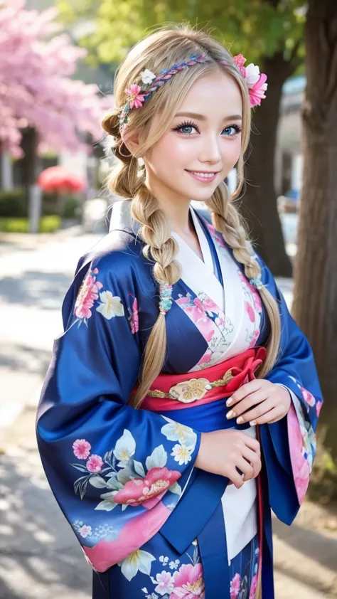 blonde kimono beauty、gorgeous floral patterned kimono、my cute girlfriend is a kimono model..、blue eyes、beautiful smile、he is sho...