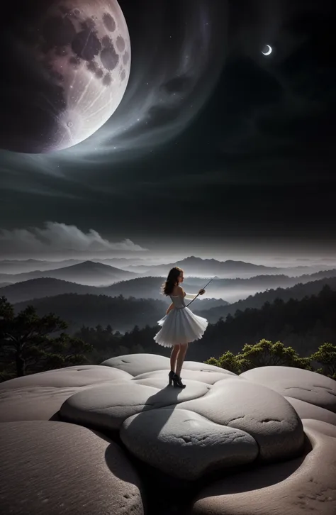 dreamy, ethereal violinist illustration, standing on a rocky cliff or hill, overlooking the serene, moonlit landscape.
The violi...