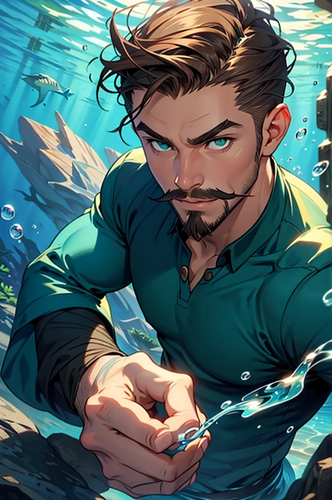 Underwater man with short brown hair pulled back, green eyes and a hooked nose. He looks relaxed, his eyebrows are at ease. He has a 3 a short mustache and goatee. He is wielding waterbending magic. The suroundings is dark blue sea waters, bubbles.