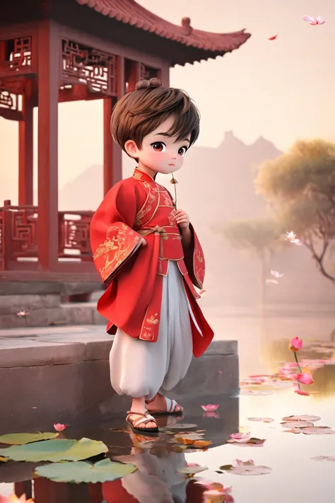 1 boy, Solitary, Red Cliff, Chinese clothes, lotus, lake, Chinese Architecture,  