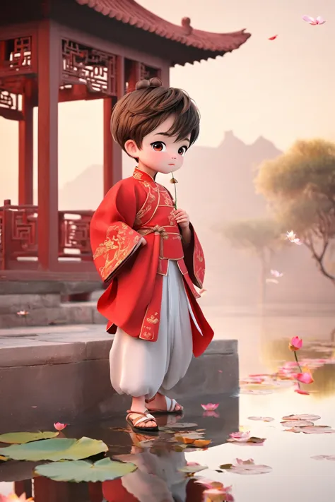 1 boy, solitary, red cliff, chinese clothes, lotus, lake, chinese architecture,