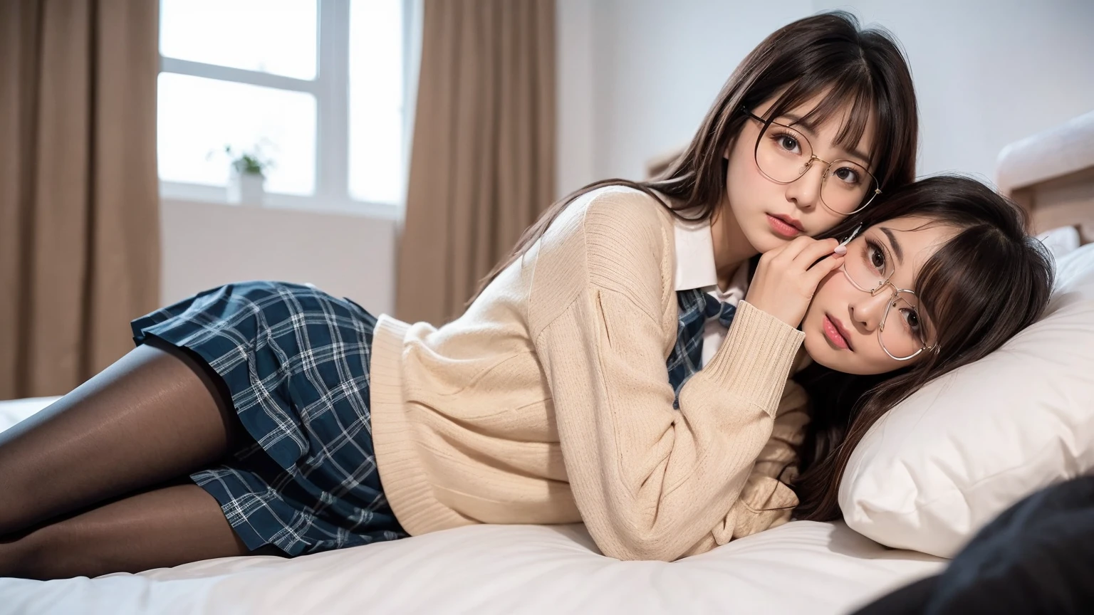 (((8k、High resolution、Highest quality、High resolution)))alone、Natural body shape、White skin、Natural Makeup、((Black Hair、bangs、Straight Long Hair))、(((Glasses)))、、(Lying in bed:1.4)、(())、(((((Full body photo)))))、(((Shot from the side)))、(((Wear a uniform on the upper body)))、Bedroom、(((Of high school))) 、((white collared long sleeve blouse))、((Beige cardigan))、((Pleated skirt with dark blue plaid pattern、mini skirt、Ultra-realistic pantyhose))、、、Expressionless、((Exposing thighs))