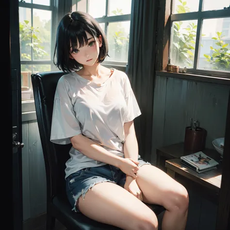 ( highest quality, ultra-high resolution)、girl、black hair、bob hair、melancholy、staring out the window、a simple white t-shirt with...