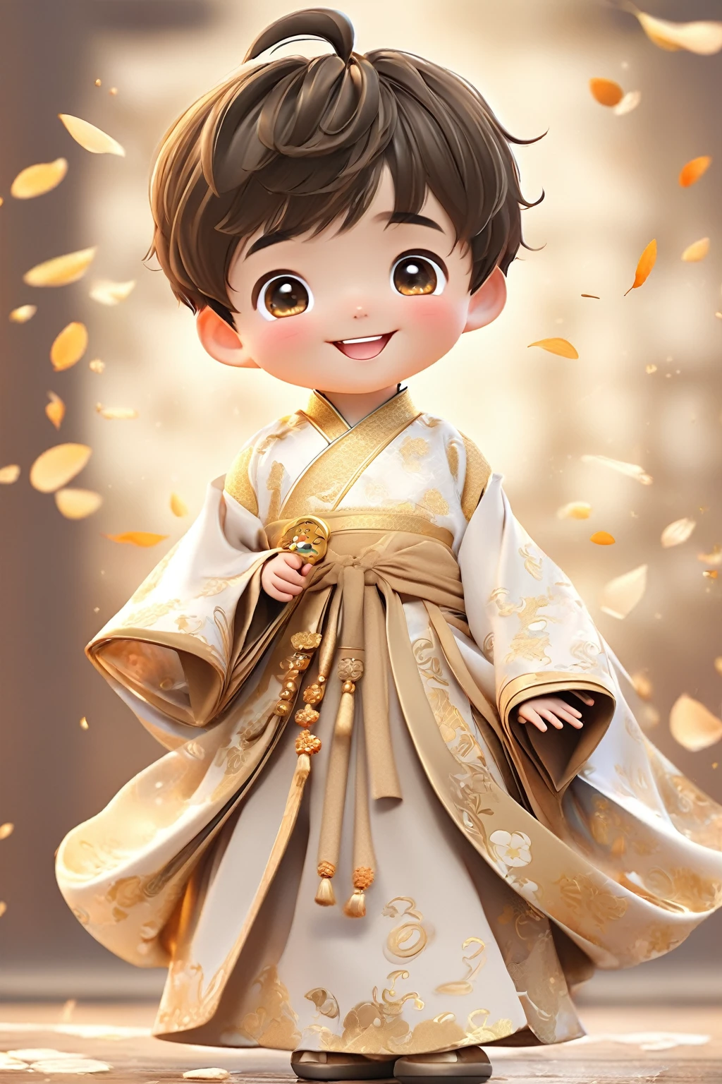  con hanfu dorado，sonriente, lindos numeros, lindos numeros艺术, Arte digital bellamente detallado, Lindo chico kawaii, Personajes encantadores, Lindo chico de anime, dulce risa, Chico lindo realista, hermosa pintura de personajes, Personajes encantadores, Precioso retrato, linda expresión, Retrato realista kawaii, expresión feliz, Sonrisa amable y feliz, sonriente的男孩