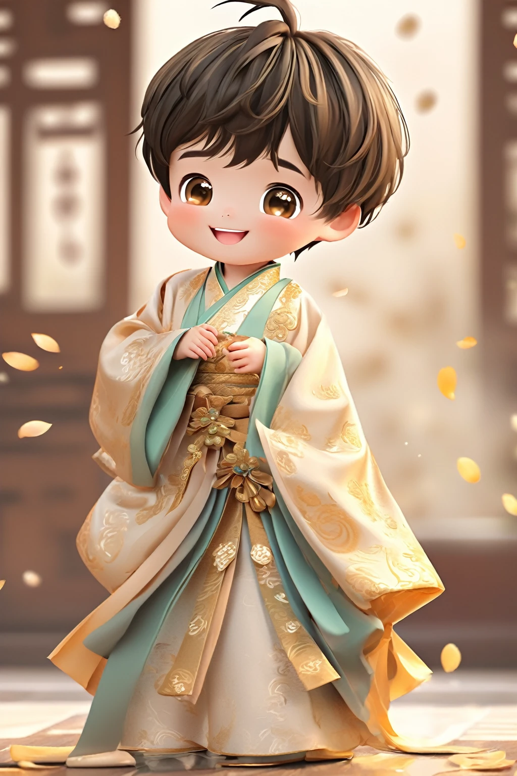 Little boy wearing golden hanfu，smiling, Cute numbers, Cute numbers艺术, Beautifully detailed digital art, Cute kawaii boy, Lovely characters, Cute anime boy, Sweet laugh, Realistic cute boy, Beautiful character painting, Lovely characters, Lovely portrait, Cute expression, Kawaii realistic portrait, Happy expression, Gentle and happy smile, smiling的男孩