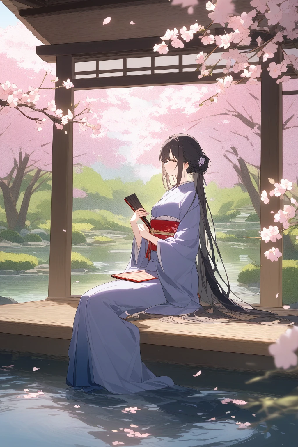 A Japanese woman in traditional kimono sits by a pond in a tranquil Japanese garden. The background includes cherry blossom trees and weeping willows under the eaves. She holds a folding fan, with the breeze gently blowing her long hair, exuding serenity and elegance. The composition uses a medium shot to highlight the woman's elegance and tranquility, with the cherry blossoms and willows adding natural beauty.