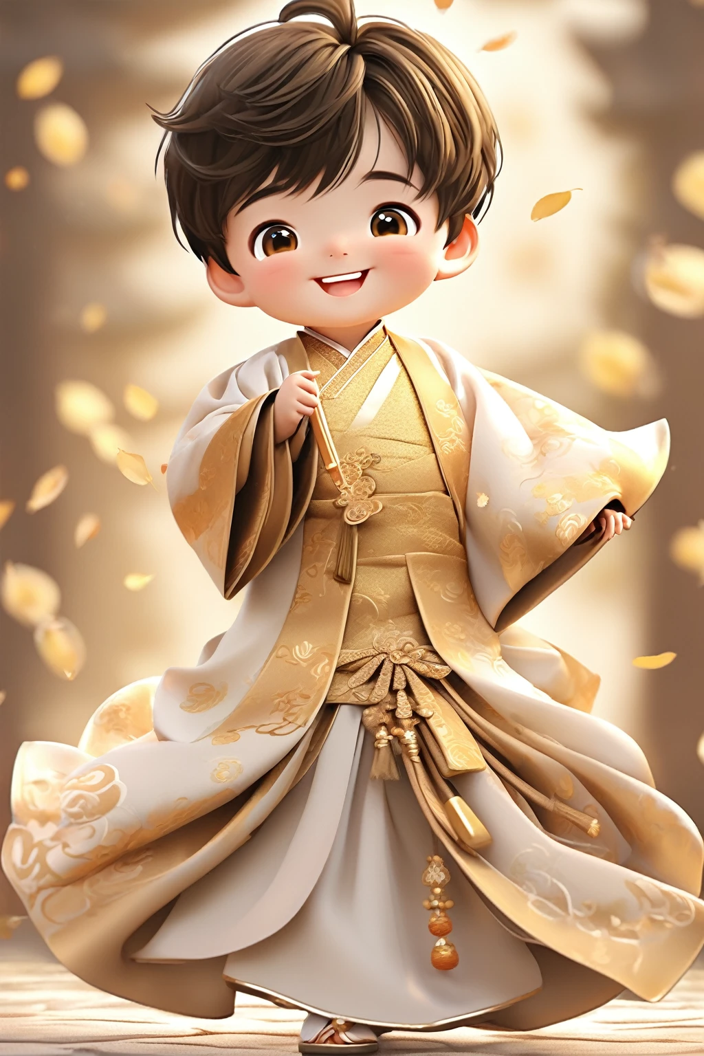 Little boy wearing golden hanfu，smiling, Cute numbers, Cute numbers艺术, Beautifully detailed digital art, Cute kawaii boy, Lovely characters, Cute anime boy, Sweet laugh, Realistic cute boy, Beautiful character painting, Lovely characters, Lovely portrait, Cute expression, Kawaii realistic portrait, Happy expression, Gentle and happy smile, smiling的男孩，Super Realism