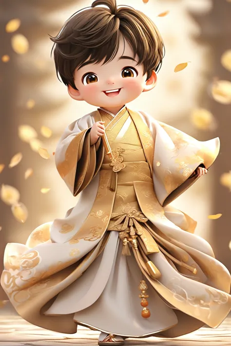 Little boy wearing golden hanfu，smiling, Cute numbers, Cute numbers艺术, Beautifully detailed digital art, Cute kawaii boy, Lovely...
