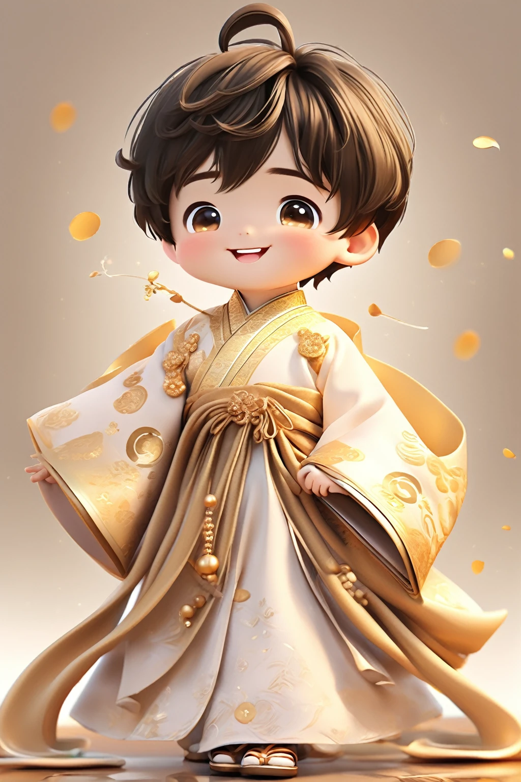 Little boy wearing golden hanfu，smiling, Cute numbers, Cute numbers艺术, Beautifully detailed digital art, Cute kawaii boy, Lovely characters, Cute anime boy, Sweet laugh, Realistic cute boy, Beautiful character painting, Lovely characters, Lovely portrait, Cute expression, Kawaii realistic portrait, Happy expression, Gentle and happy smile, smiling的男孩，Super Realism