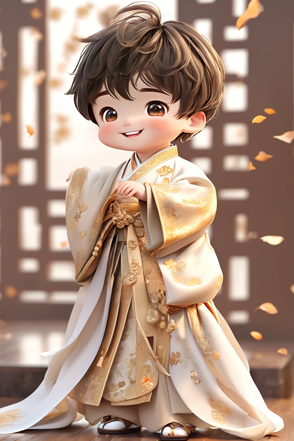 Little boy wearing light golden Hanfu，smiling, Cute numbers, Cute numbers艺术, Beautifully detailed digital art, Cute kawaii boy, Lovely characters, Cute anime boy, Sweet laugh, lifelike的可爱男孩, Beautiful character painting, Lovely characters, Fair skin，Real People，lifelike，Lovely portrait, Cute expression, Kawaii realistic portrait, Happy expression, Gentle and happy smile, smiling的男孩，