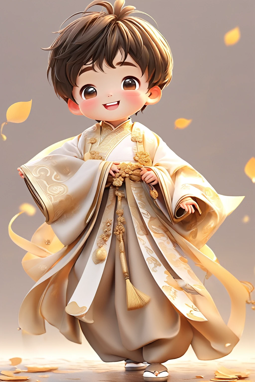 Little boy wearing light golden Hanfu，smiling, Cute numbers, Cute numbers艺术, Beautifully detailed digital art, Cute kawaii boy, Lovely characters, Cute anime boy, Sweet laugh, lifelike的可爱男孩, Beautiful character painting, Lovely characters, Fair skin，Real People，lifelike，Lovely portrait, Cute expression, Kawaii realistic portrait, Happy expression, Gentle and happy smile, smiling的男孩，