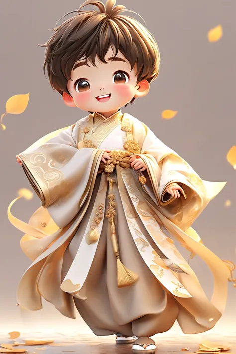 Little boy wearing light golden Hanfu，smiling, Cute numbers, Cute numbers艺术, Beautifully detailed digital art, Cute kawaii boy, ...