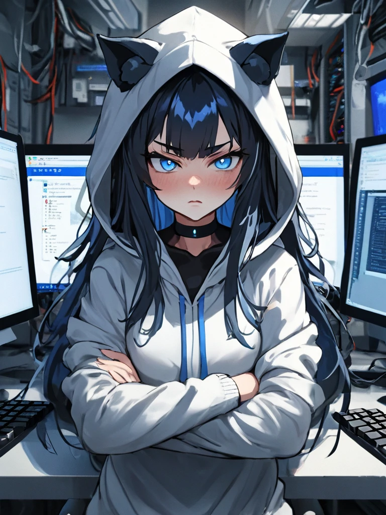 (\da gong ren\),angry, 1girl, hood, blue eyes, solo, blush, long hair, looking at viewer, hoodie, crossed arms, black hair, computer, choker, indoors, monitor, bangs, closed mouth, striped, upper body, blue hair, hood up, animal hood, keyboard \(computer\), v-shaped eyebrows