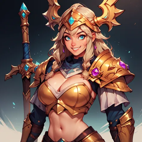 check_9, check_8_up, check_7_up, paladin girl, armor, helmet, big breasts, navel, golden shoulders ,smile, I look at the viewer,...