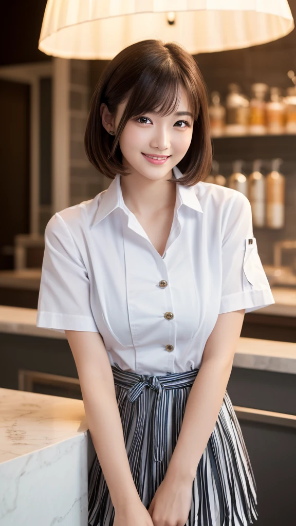 (Highest quality: 1.5), (Realistic: 1.5), (1 person: 1.5), Very detailed, High resolution, 8k,Natural color lips, Cute Smile, Japanese women, 20-year-old girl, Beautiful and elegant features, Perfect and beautiful face, Balanced big eyes, Beautiful and elegant features, Natural double eyelids, Natural Bangs, Beautiful thin nose, Beautiful Skin, Medium Bob Hair , Natural Bangs , Perfect and beautiful face, Slim face and figure,  (Sweet smile), Bright lighting, Professional Lighting, Forward lighting, Beautiful feet: 1.2, Smooth Skin, Slender body, Slim waistline, slim thin thighs,  Cleavage, Detailed clothing, (Short sleeve dress shirt:1.5), (Pleated skirt:1.5),  (Wearing a long chef&#39;s apron,:1.5),  Standing posture, kitchen, Cooking, Apron appearance