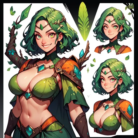 check_9, check_8_up, check_7_up, Young woman, green hair, средневековая Young woman, huntress,, big breasts, navel,smile, I look...