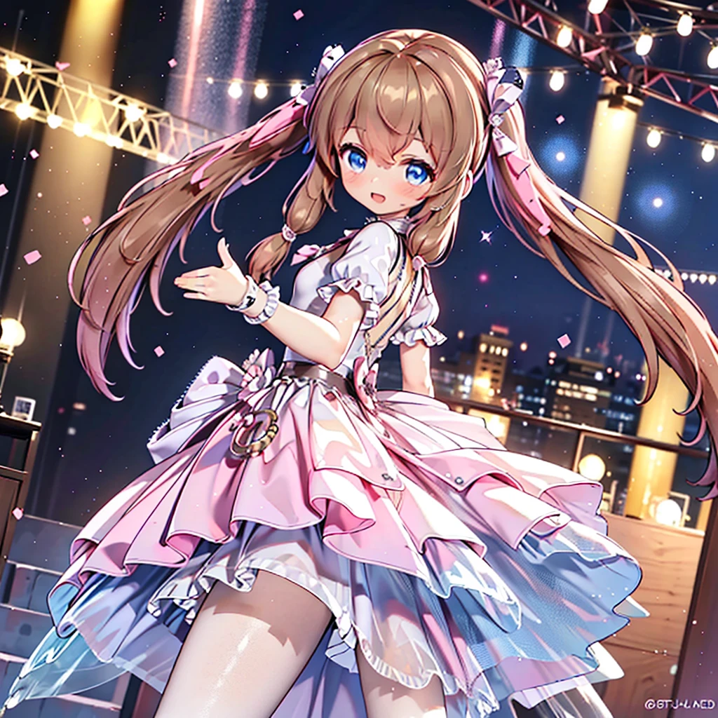 Solo girl, comical, kawaii, Blue eyes, light brown hair, back high twintails, front braids, princess dress, open mouth smile, front view, dance at the stage, neon and led lights, posing, sexy, high-resolution image, masterpiece, high quality, attractive eyes
