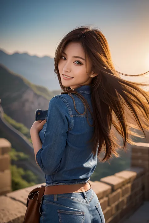 woman walking along the great wall:1.5, shirt and jeans:1.4, dynamic, cinematic photos,(ultra realistic, high resolution), (high...