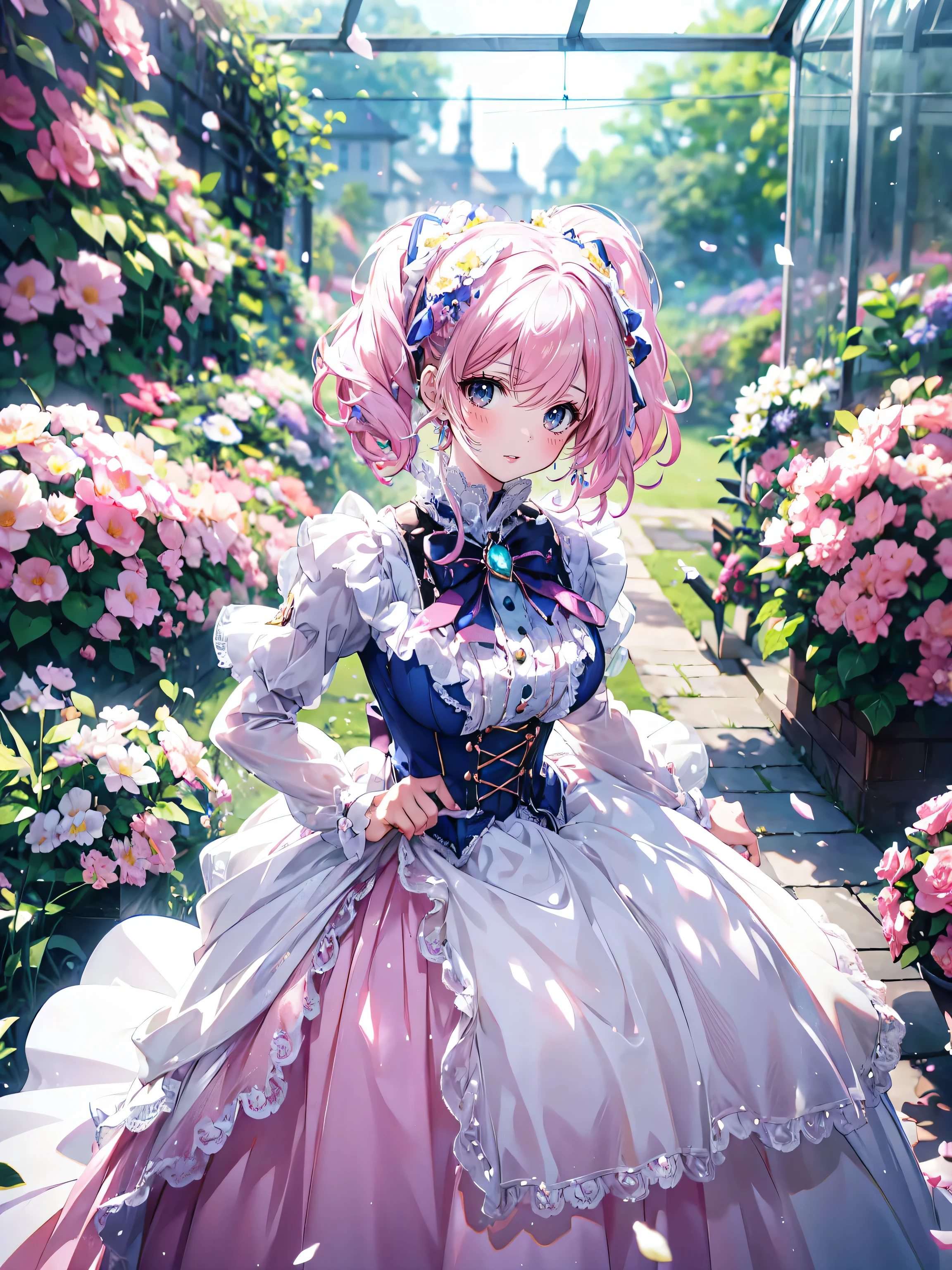 ((ultra detailed, exquisite quality, cinematic lighting)), (anime moe art style:1.2), (((young face solo princess))), (incredibly cute rococo victorian gown with long hems, voluminous princess style skirt, elaborate lace gown:1.5), (huge breasts), breasts cleavage, breasts focus, ((hair pink hair)), ((fluffy long Expressive ponytail)), (leaning forward, looking up, from above, front view, facing at viewer:2), kawaii face, head tilt, shy smile, (face focus, eyes focus, blurry background, depth of field:2), (isometric 3D, octane render, ray tracing:1.5), cinematic shadows, backlighting, particle effect, caustics, super detailed skin, (hyper detail delicate eyes, hyper beautiful eyes), (lot's of colorful flowers, sparkling glass classic greenhouse:1.5), (eyes blue eyes), (Cut off light pink-hair),