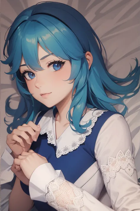 lie in bed，maid uniform，blue hair，face me