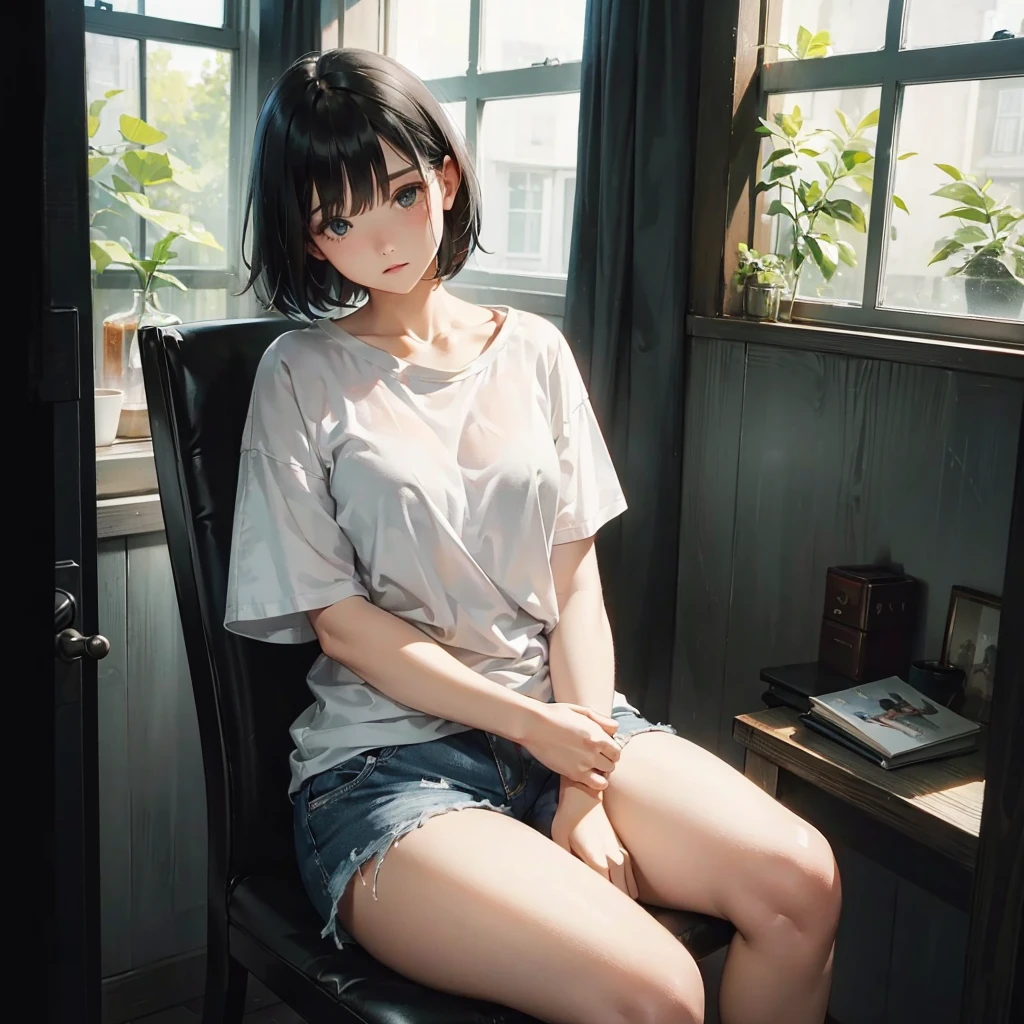 ( Highest quality, Ultra-high resolution)、girl、Black Hair、Bob Hair、melancholy、Staring out the window、A simple white T-shirt with a loose fit around the neck、Shorts、Near large windows、indoor、Sit sloppily、Outside the window it&#39;s bright, blue sky、The room is dark、Erect nipples are see-through、nsfw