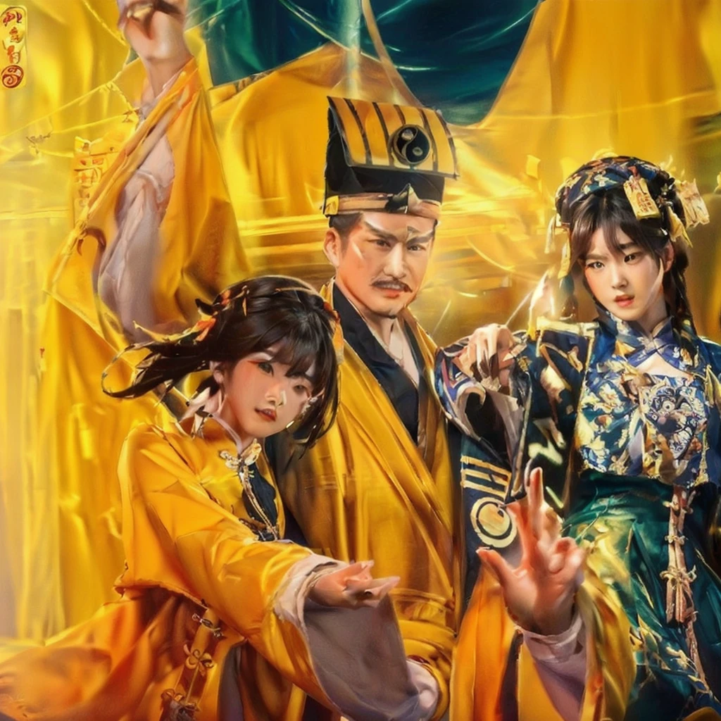 中间是一个yellow袍Taoist priest头往上看，Shout，边上有两个blue色服装的僵尸，Spells，yellow，blue，official art works, Inspired by Emperor Xuande, inspired by Cao Zhibai, g liulian art style, from three kingdoms, bian lian, Onmyoji, heise jinyao, Game Cover, Inspired by Wu Li, Inspired by Wu Bin, Taoist priest，