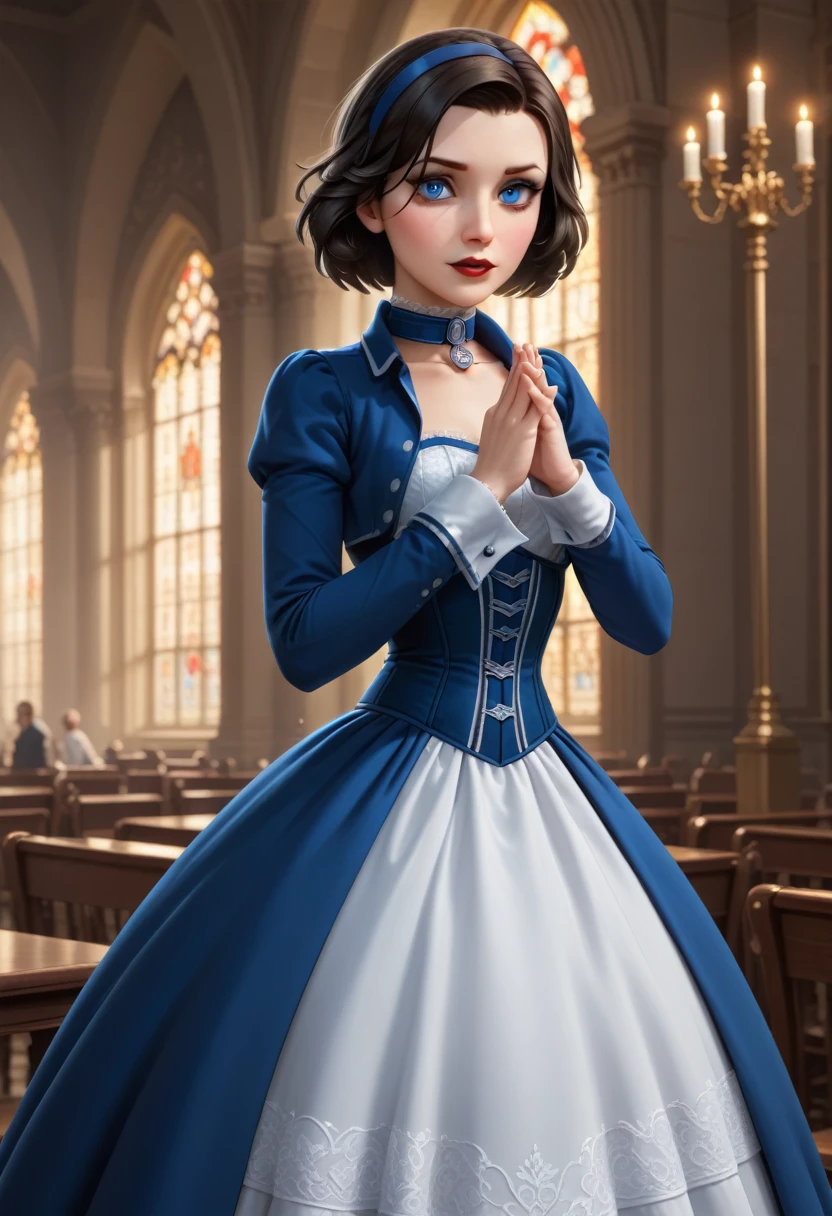 1girl, Elizabeth, bioshock infinite, praying hands, perfectly drawn hands, red lips, black hair, short hair, blue eyes, royal blue bolero jacket with white cuffs and a built-up collar hemmed with a delicate white lace and a matching full-length voluminous long dress. A white petticoat's lace trim is visible at the bottom of the skirt. Underneath the open jacket is an intricately laced white corset, with black bone casing, giving her an hourglass-shaped waist. intricate detail, very detailed, masterpiece quality, ultra HD, 4K, best quality,