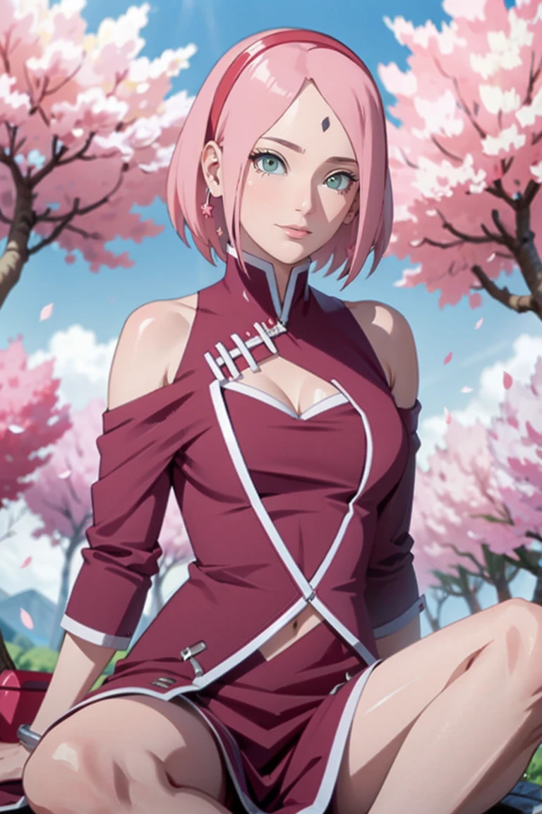 tmasterpiece， Best quality at best， 1girll， Sakura Haruno， Large breasts，Off-the-shoulder attire，（cleavage)，（upperbody closeup)，Raised sexy，is shy，ssmile，with pink hair，short hair， （Green eyeballs:1.4)， Forehead protection， the cherry trees，Cherry blossoms flying，Red clothes，Zipper half, sitting on the ground