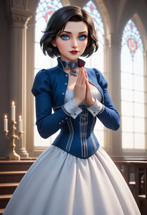 1girl, Elizabeth, bioshock infinite, praying hands, perfectly drawn hands, red lips, black hair, short hair, blue eyes, royal bl...