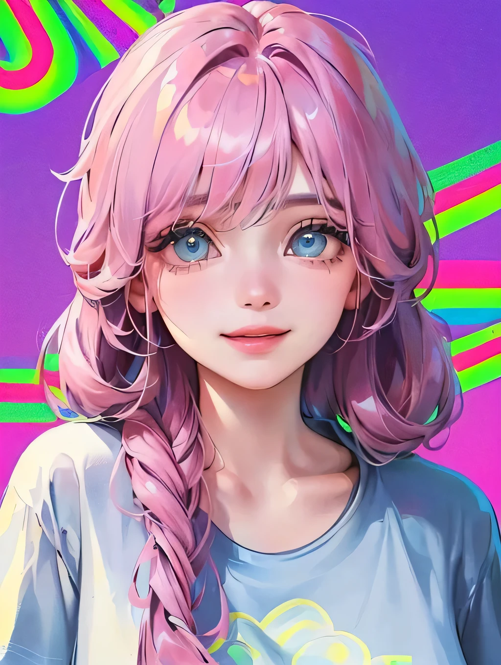 (((One woman)))、(Top resolution、Distinct_image) best qualtiy、(((Pop)))、1990's、((colorful backdrop))、((illuminating))、ighly detailed、Semi-realistic、Pink hair、((hairstyle I made、A smile、bangss、20yr old、young、((tshirts))、delicate facial features facial features、View from below、((Detailed eyes))